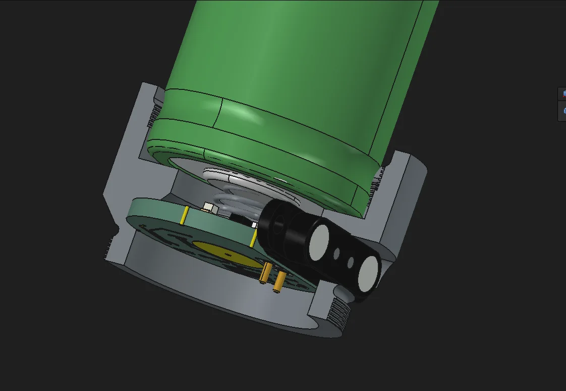 Cutaway render: a green cell above, the charger PCB sandwiched at the joint of the flashlight body and head, a spring contact touching the cell and a black pogo pin connector sticking out to the side.