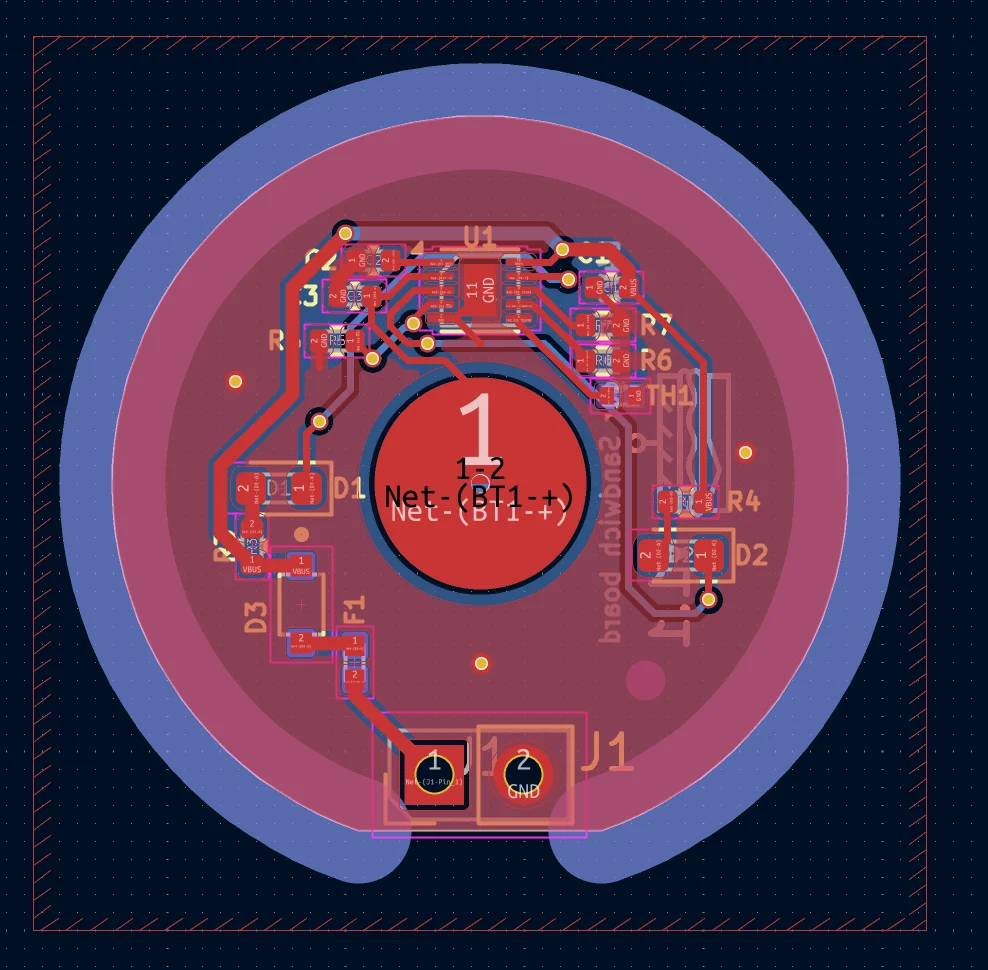 KiCad PCB layout of the ring-shaped board: the charger chip at the top, LEDs, fuse and diode around the edge, a large round pad for the cell contact in the middle and two connector pads at the bottom.