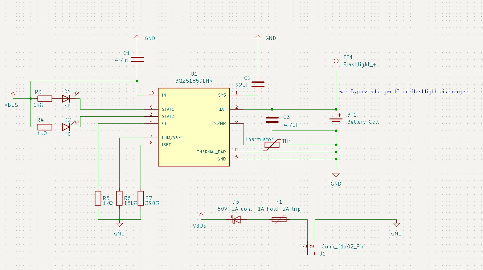 KiCad schematic: the BQ25185 charger with input and output capacitors, two status LEDs on STAT1 and STAT2, resistors setting the charge current and input limit, an NTC thermistor, the battery cell, and a diode and fuse in the USB power input.